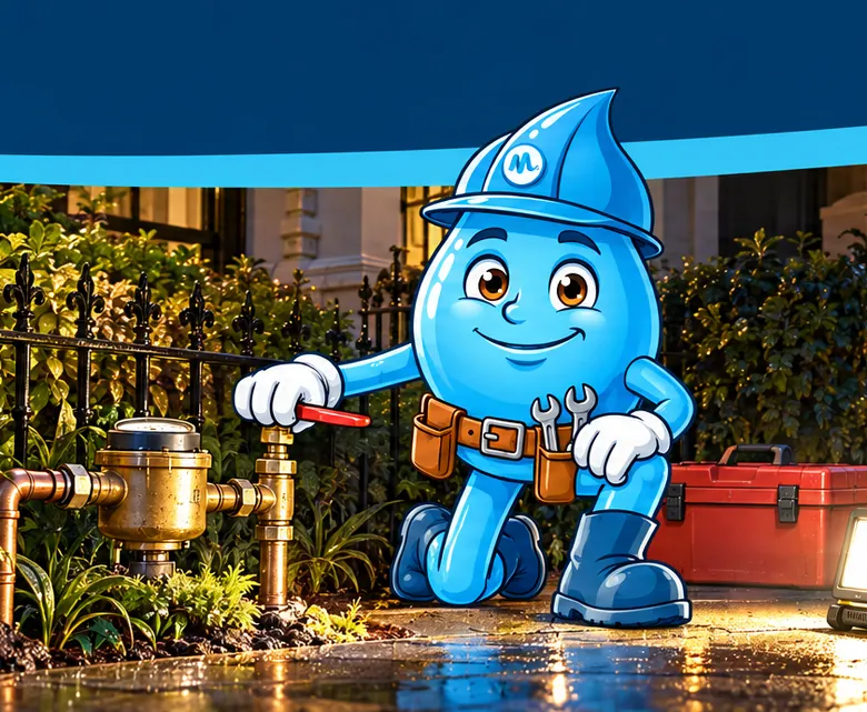 Plumbing mascot Splashy turning off a water meter at night