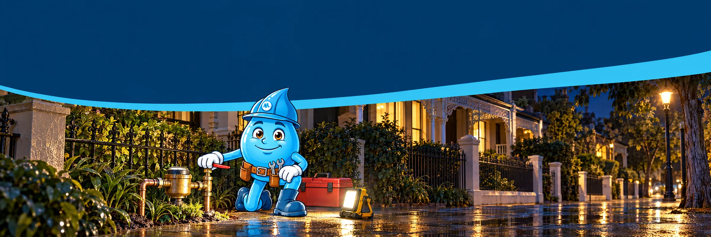 Splashy the Mr Splash mascot turning off the water at the meter outside a Sydney terrace house at night