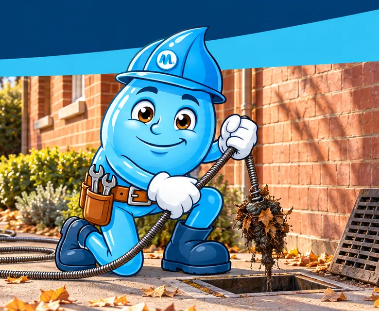 Plumbing mascot Splashy pulling a blockage out of an outdoor drain