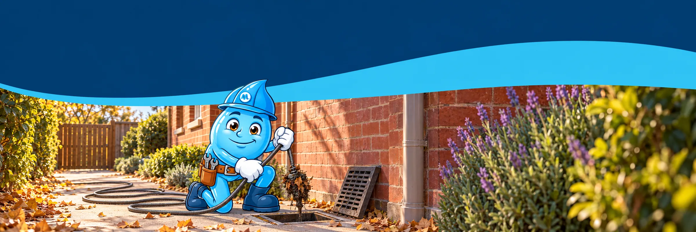Splashy the Mr Splash mascot pulling a drain cable and the blockage out of an outdoor gully beside a brick home