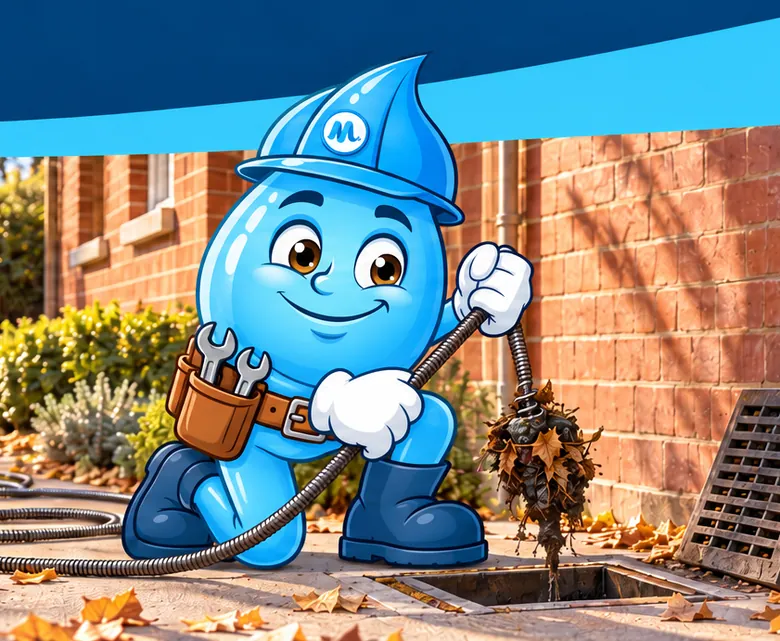 Plumbing mascot Splashy pulling a blockage out of an outdoor drain