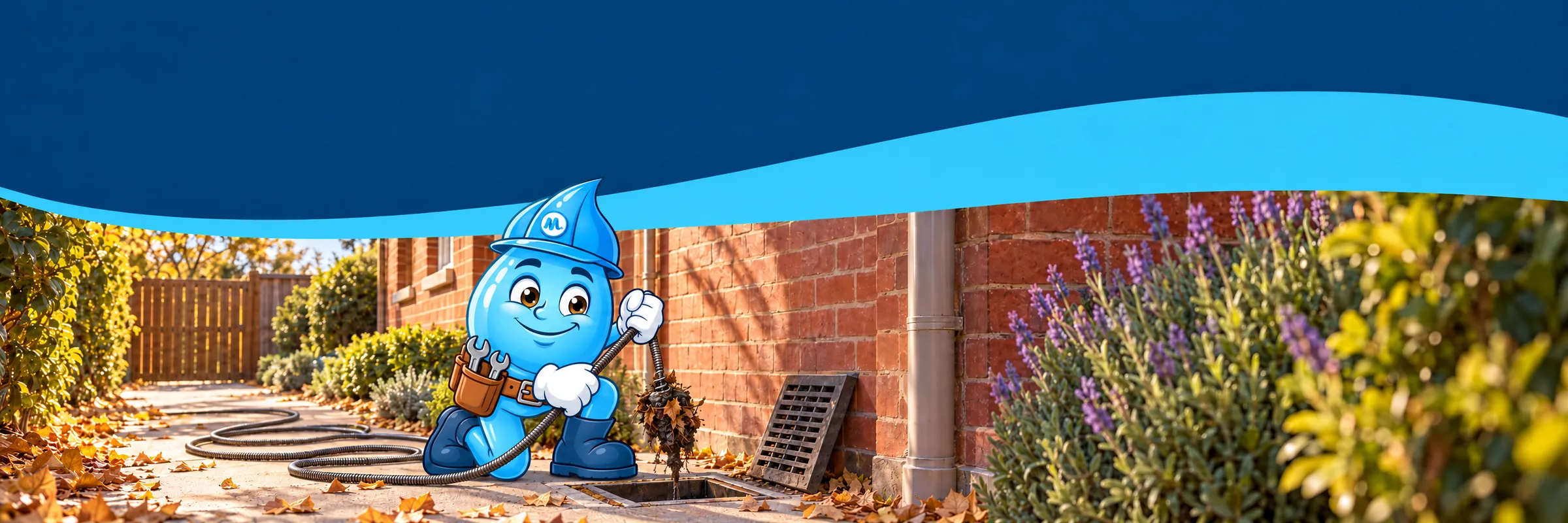 Splashy the Mr Splash mascot kneeling at an outdoor gully, hauling a drain cable and the blockage out beside a brick home