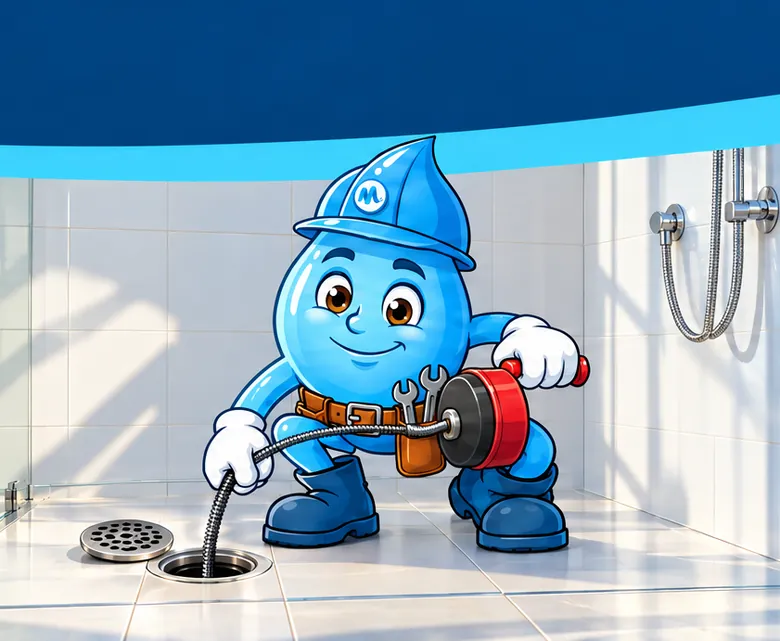 Plumbing mascot Splashy clearing a shower floor waste with a drain auger