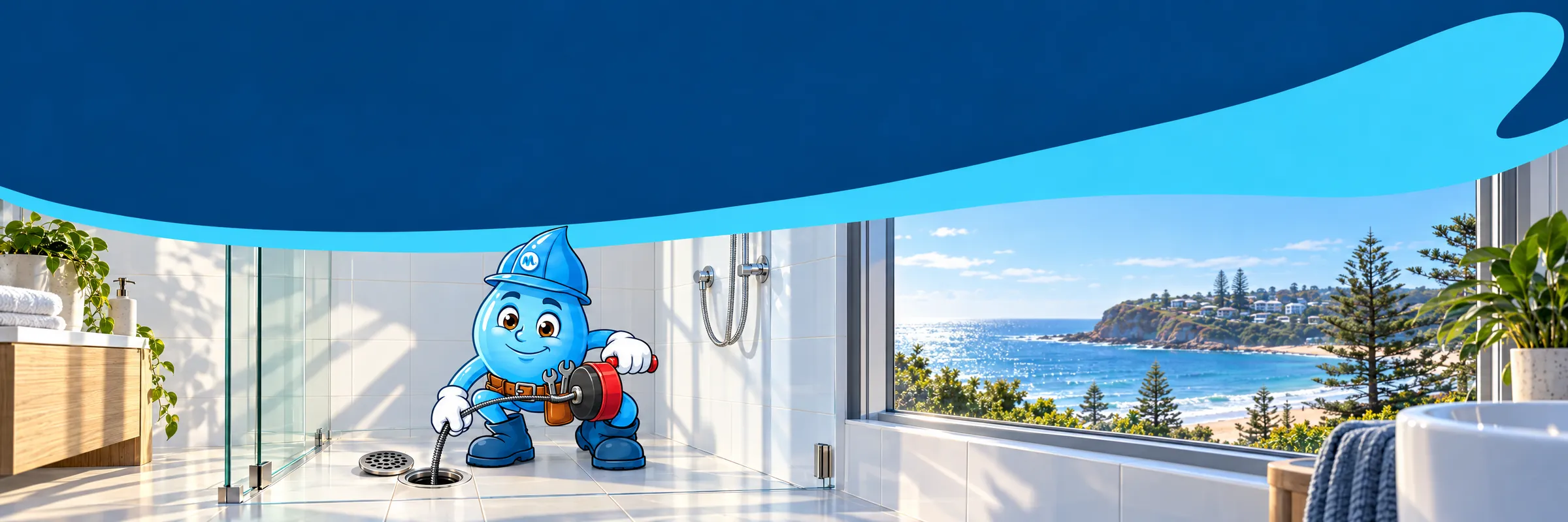 Splashy the Mr Splash mascot feeding a hand drain auger into a shower floor waste in a coastal Sydney bathroom