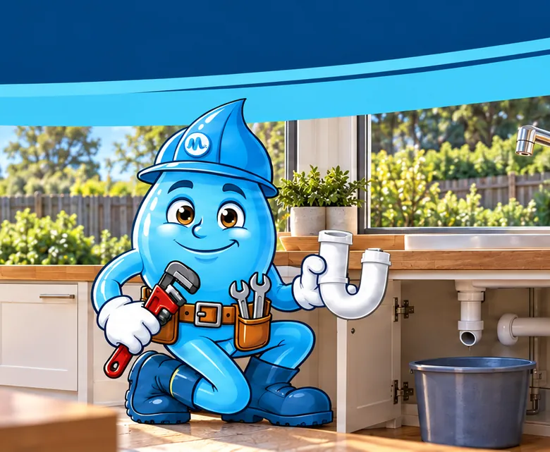 Plumbing mascot Splashy holding the removed trap under a kitchen sink