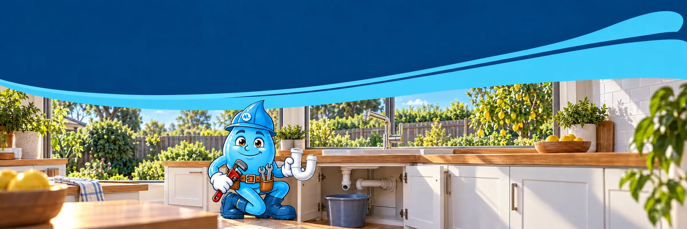 Splashy the Mr Splash mascot at an open kitchen cupboard holding the removed sink trap and a pipe wrench