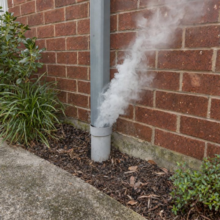 White smoke escaping from the joint where a grey downpipe meets a pipe in the ground beside a brick wall