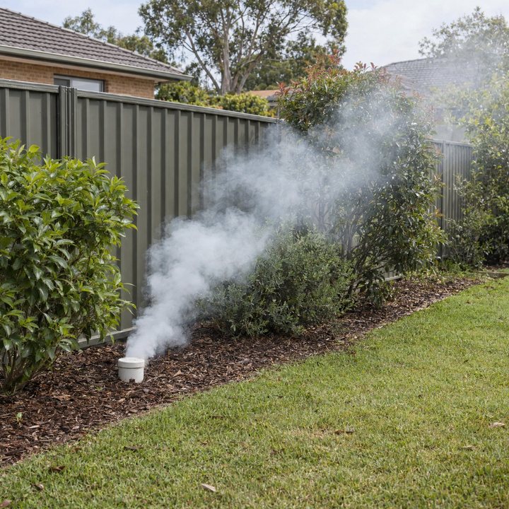 White smoke drifting up out of a mulched garden bed beside an inspection opening and a metal fence