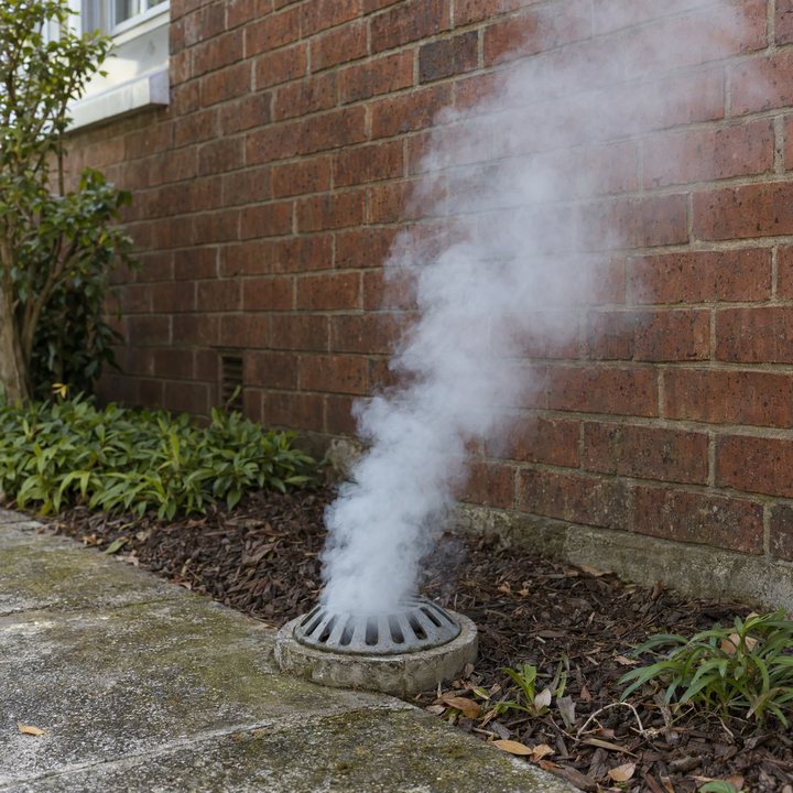 White smoke rising through the round grate of an overflow relief gully beside a brick wall