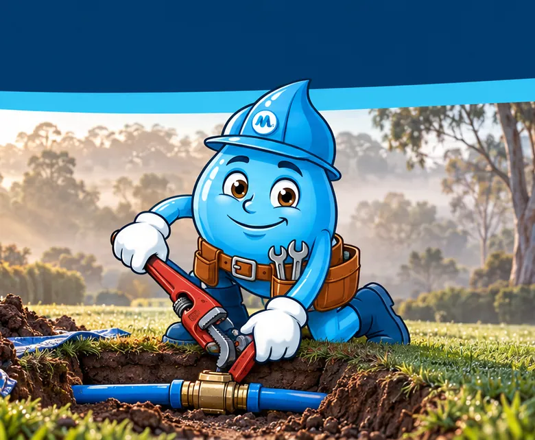 Plumbing mascot Splashy repairing a broken water pipe in the garden