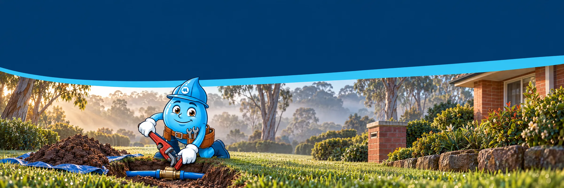 Splashy the Mr Splash mascot tightening a repair coupling on a broken water pipe dug out of a misty front lawn
