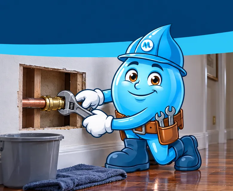 Plumbing mascot Splashy repairing a burst pipe inside a wall