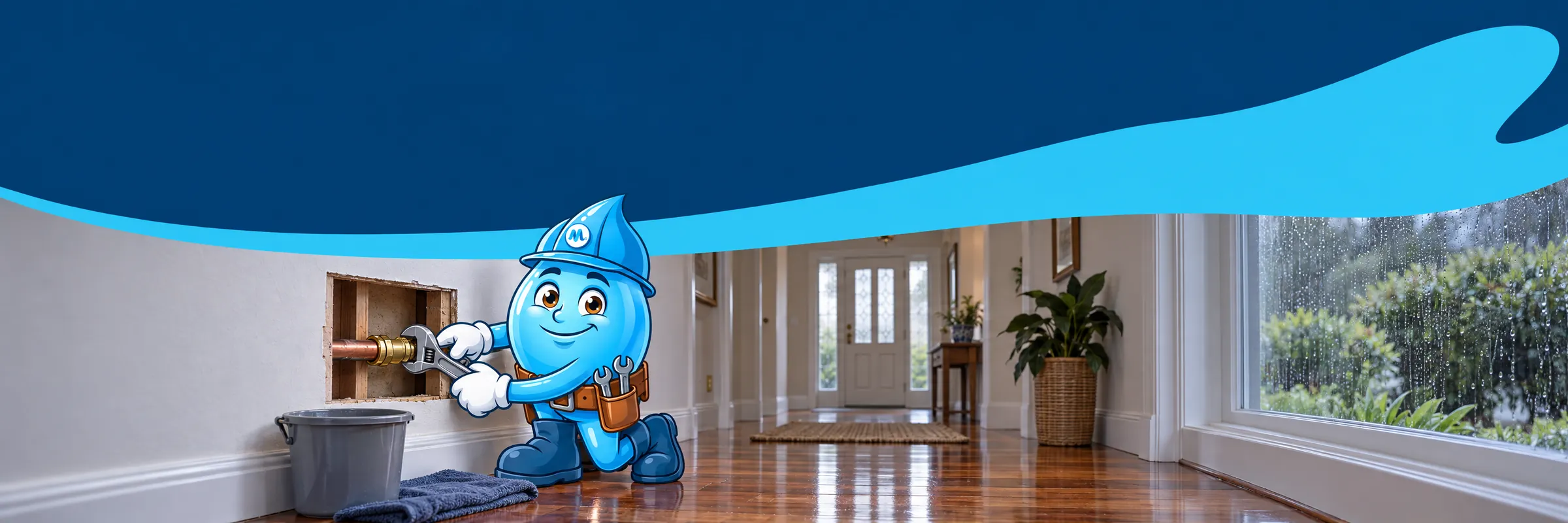 Splashy the Mr Splash mascot tightening a new brass joiner on a copper pipe inside an opened hallway wall