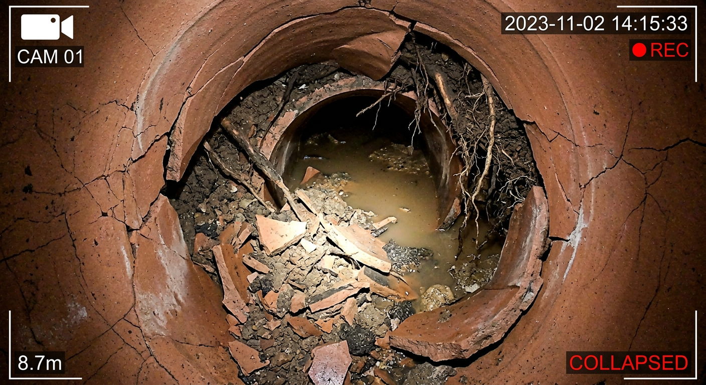 CCTV drain camera footage showing collapsed terracotta pipe with debris and tree roots