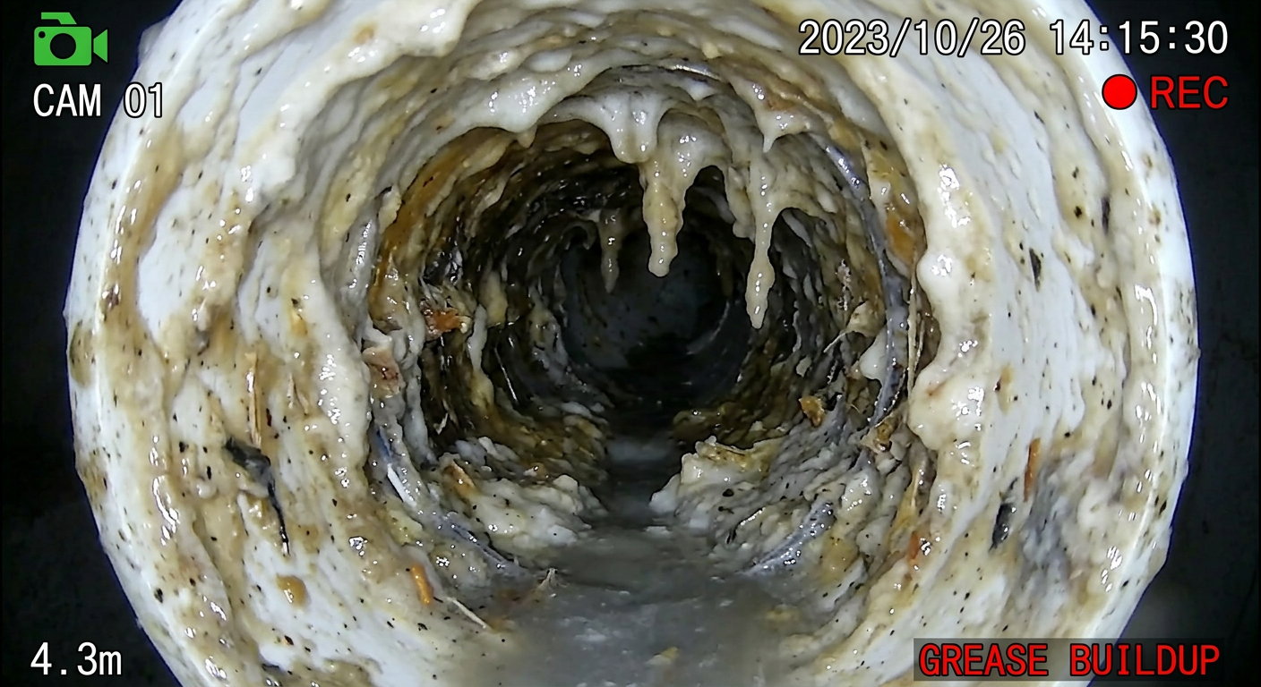 CCTV drain camera footage showing grease buildup narrowing pipe diameter