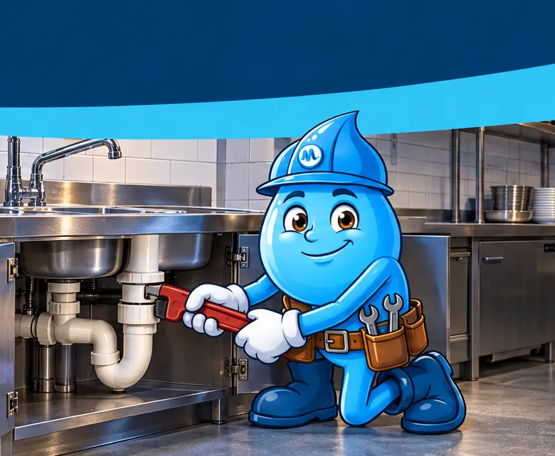 Plumbing mascot Splashy fixing a commercial kitchen sink