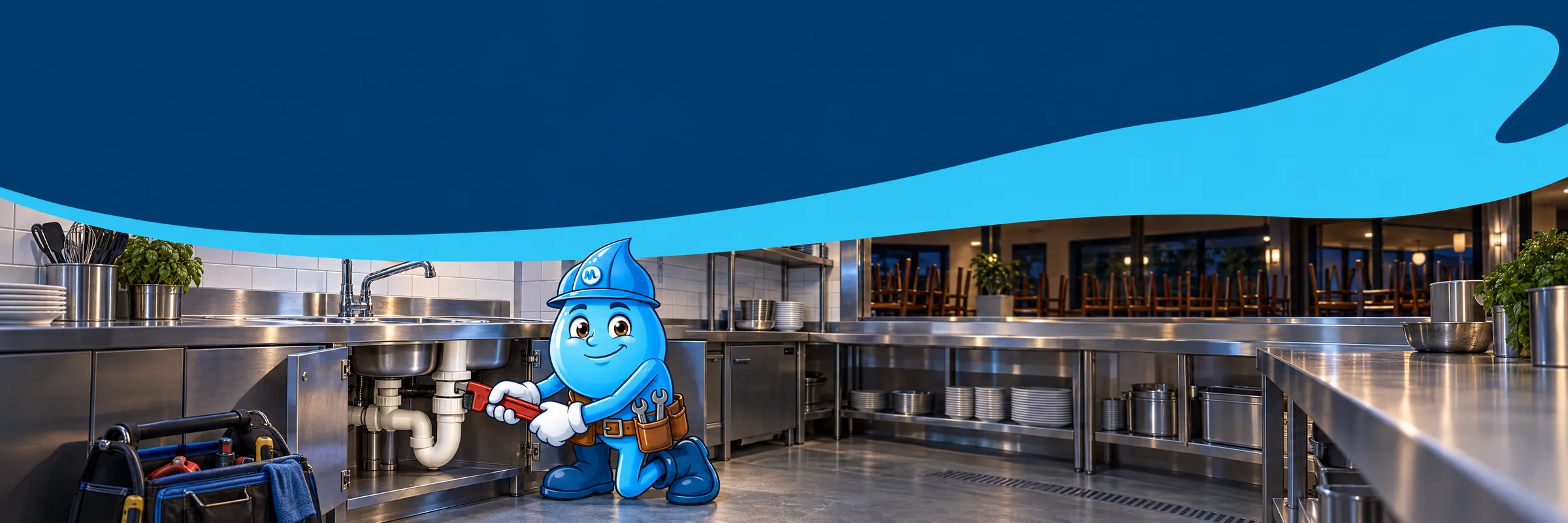 Splashy the Mr Splash mascot repairing the waste pipe under a double sink in a restaurant kitchen after closing