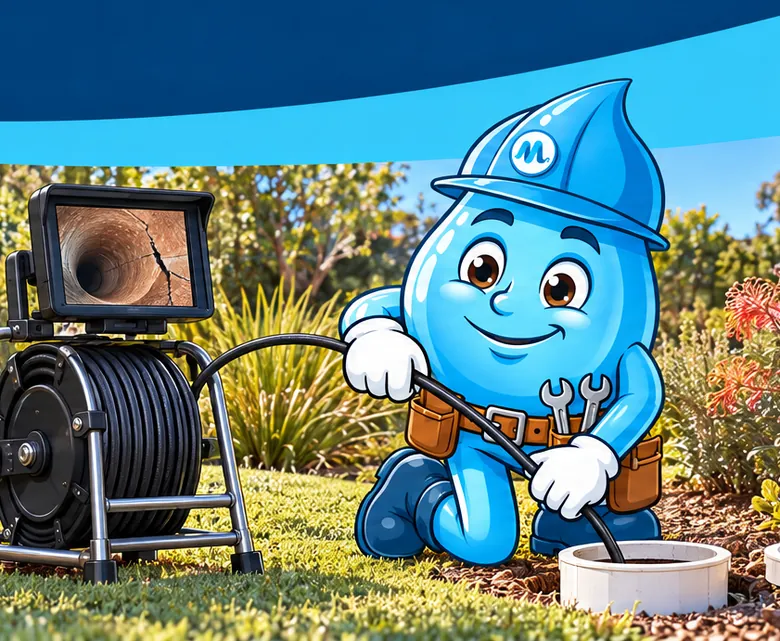 Plumbing mascot Splashy inspecting a drain with a CCTV camera