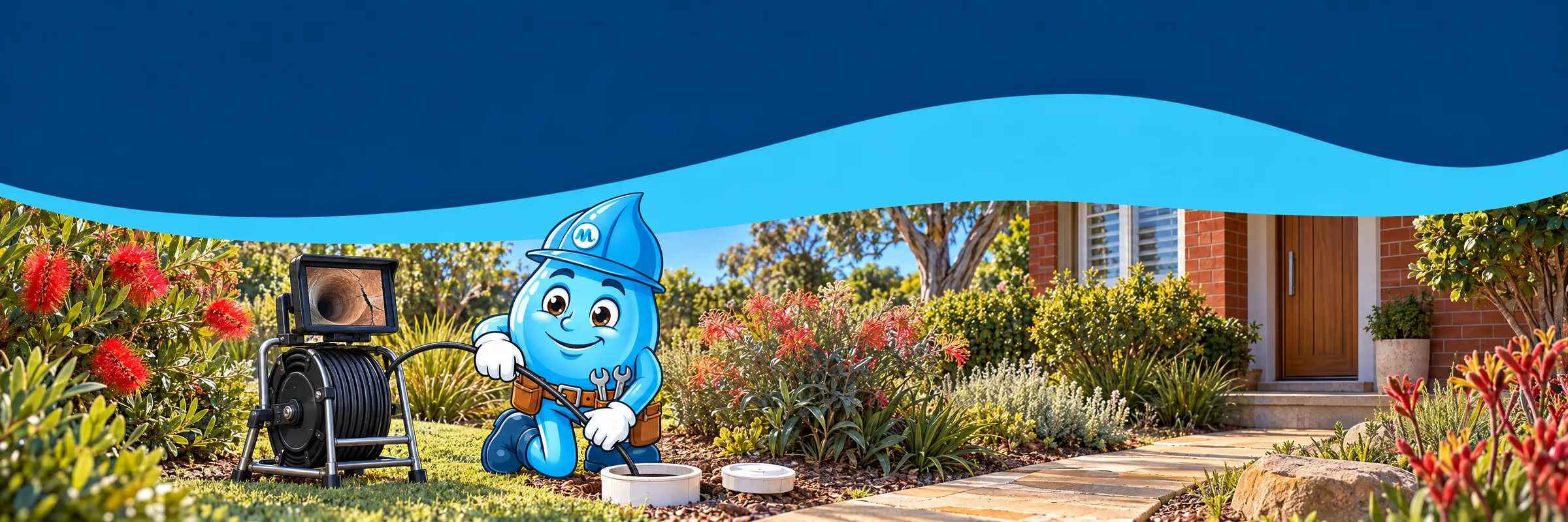 Splashy the Mr Splash mascot feeding a CCTV drain camera into an inspection opening, a cracked pipe on the camera screen