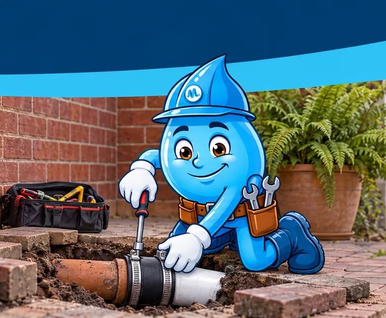 Plumbing mascot Splashy repairing a clay drain pipe
