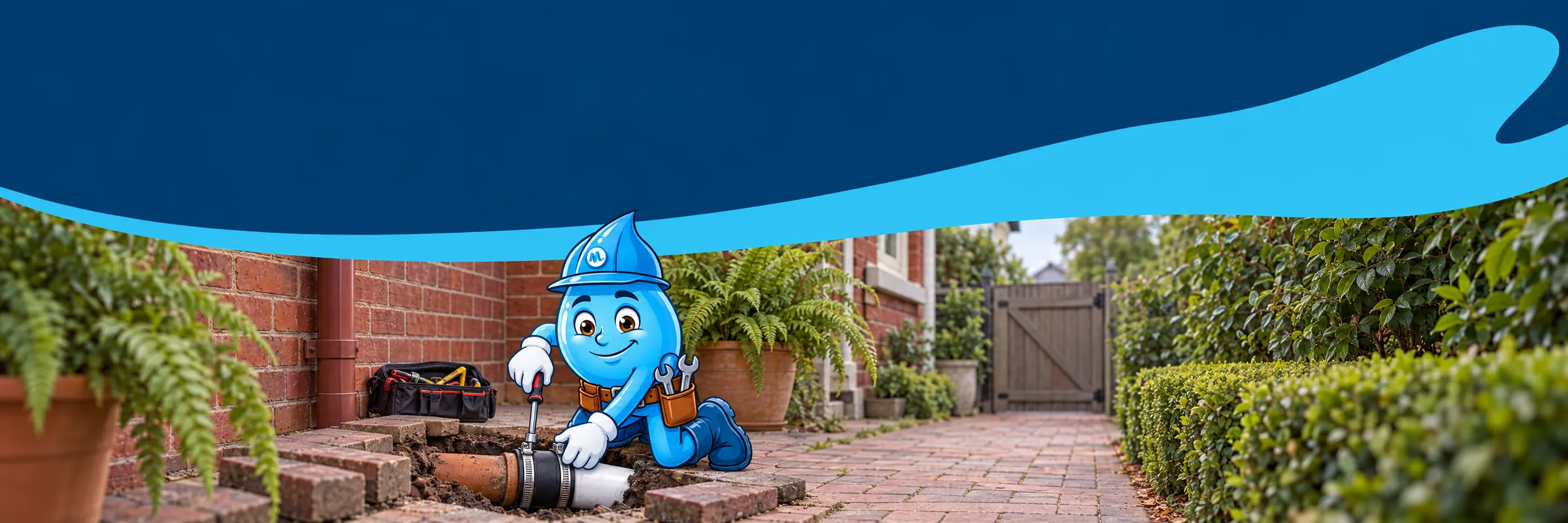Splashy the Mr Splash mascot joining a new PVC section to an old clay drain with a rubber coupling