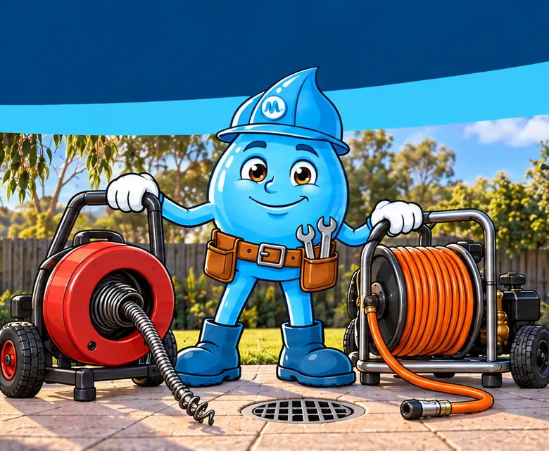 Plumbing mascot Splashy with an electric eel drain machine and a jetter