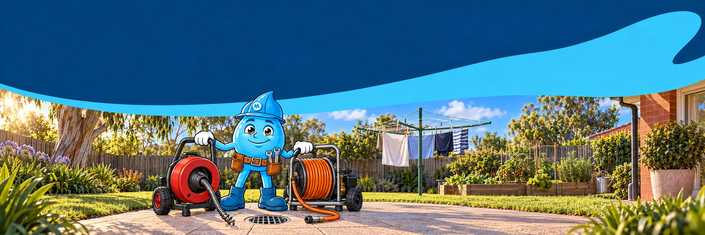 Splashy the Mr Splash mascot between an electric eel drain machine and a jetter hose reel in a Sydney backyard