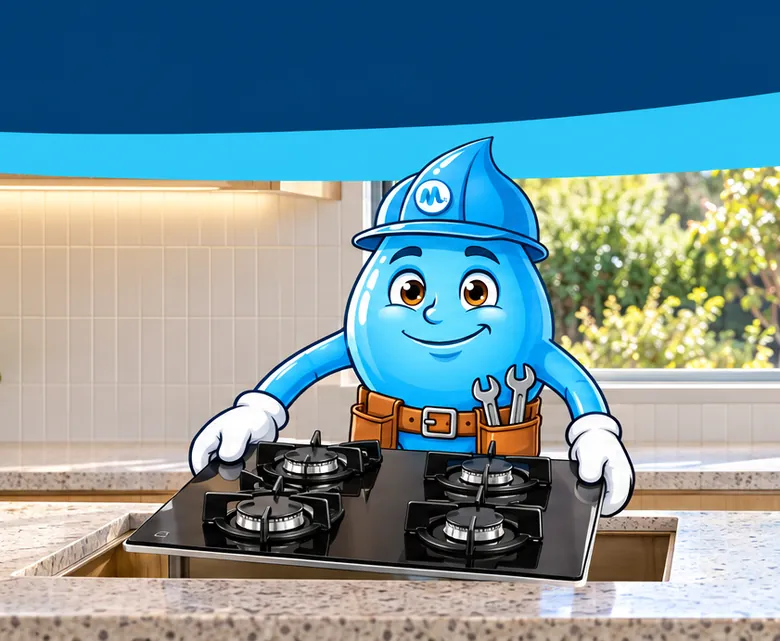 Plumbing mascot Splashy installing a gas cooktop