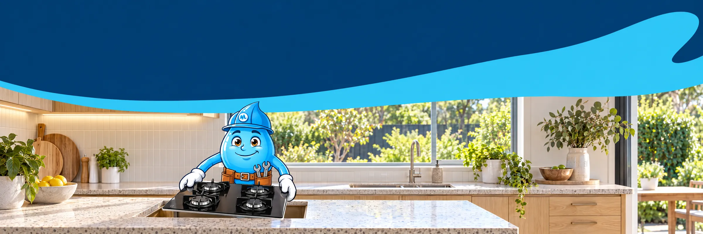 Splashy the Mr Splash mascot lowering a new gas cooktop into a kitchen benchtop