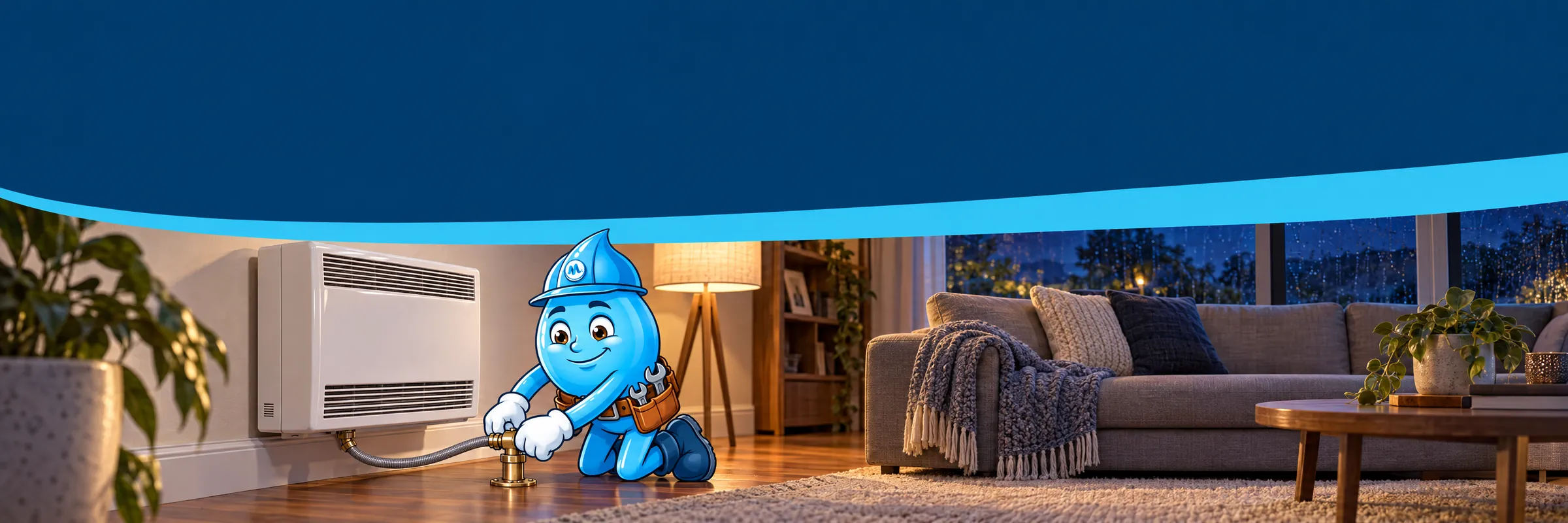 Splashy the Mr Splash mascot connecting a new gas heater to a floor bayonet in a Sydney living room