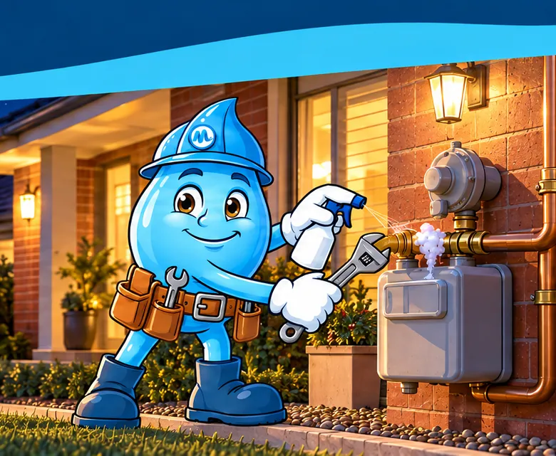 Plumbing mascot Splashy testing a gas meter fitting for a leak with detection foam