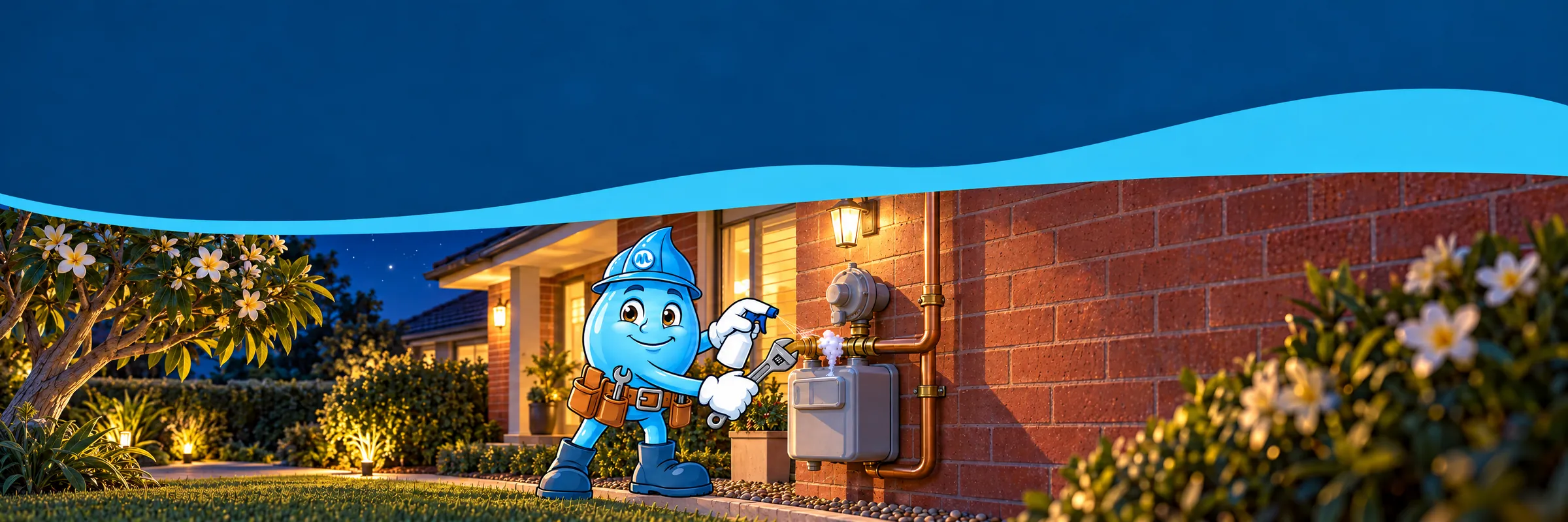 Splashy the Mr Splash mascot spraying leak detection foam on a gas meter fitting at a brick home in the evening
