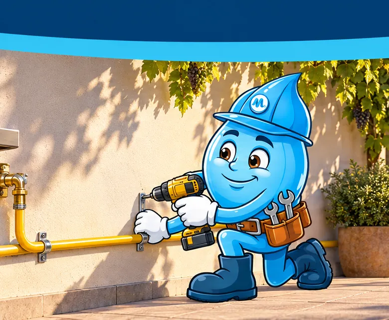 Plumbing mascot Splashy installing a gas line to a barbecue