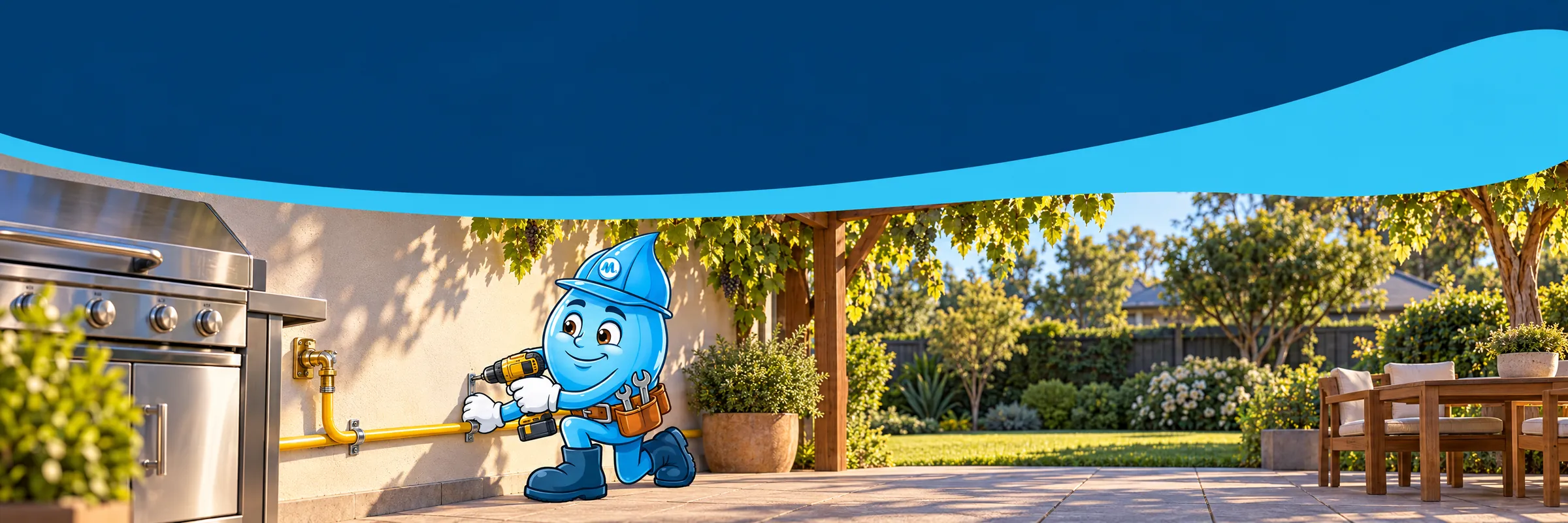 Splashy the Mr Splash mascot fixing a new gas line along the wall to a barbecue bayonet on a patio