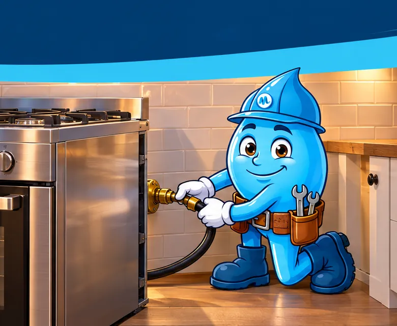 Plumbing mascot Splashy connecting a gas stove