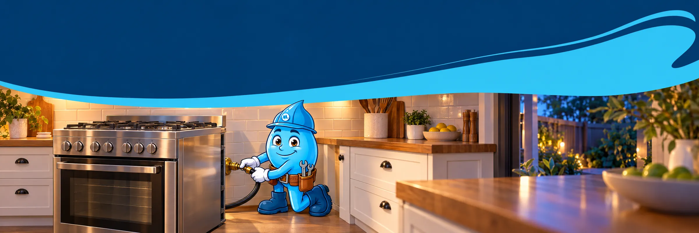 Splashy the Mr Splash mascot connecting a new upright gas stove to its wall bayonet in a Sydney kitchen