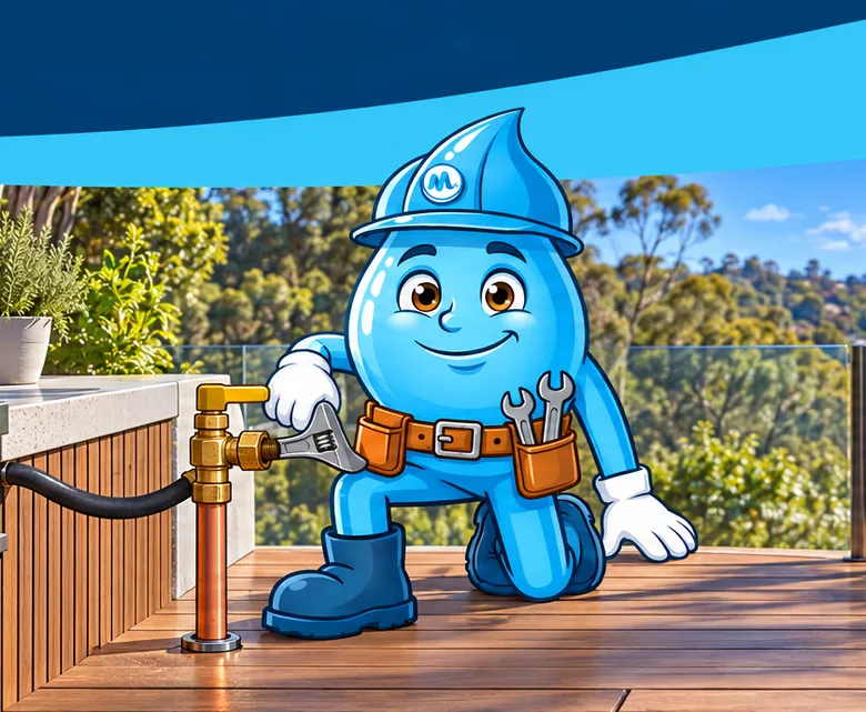 Plumbing mascot Splashy repairing a barbecue gas connection