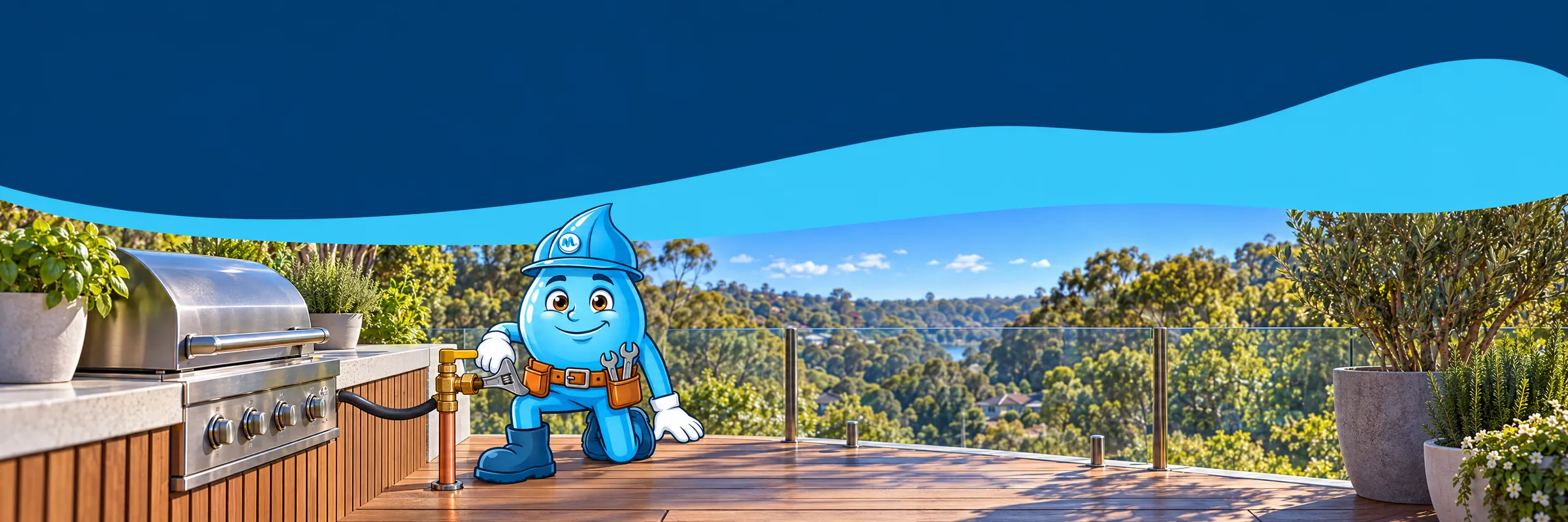 Splashy the Mr Splash mascot tightening a gas valve fitting for an outdoor barbecue on a timber deck