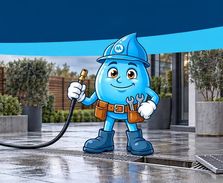 Plumbing mascot Splashy with a high pressure drain jetter nozzle