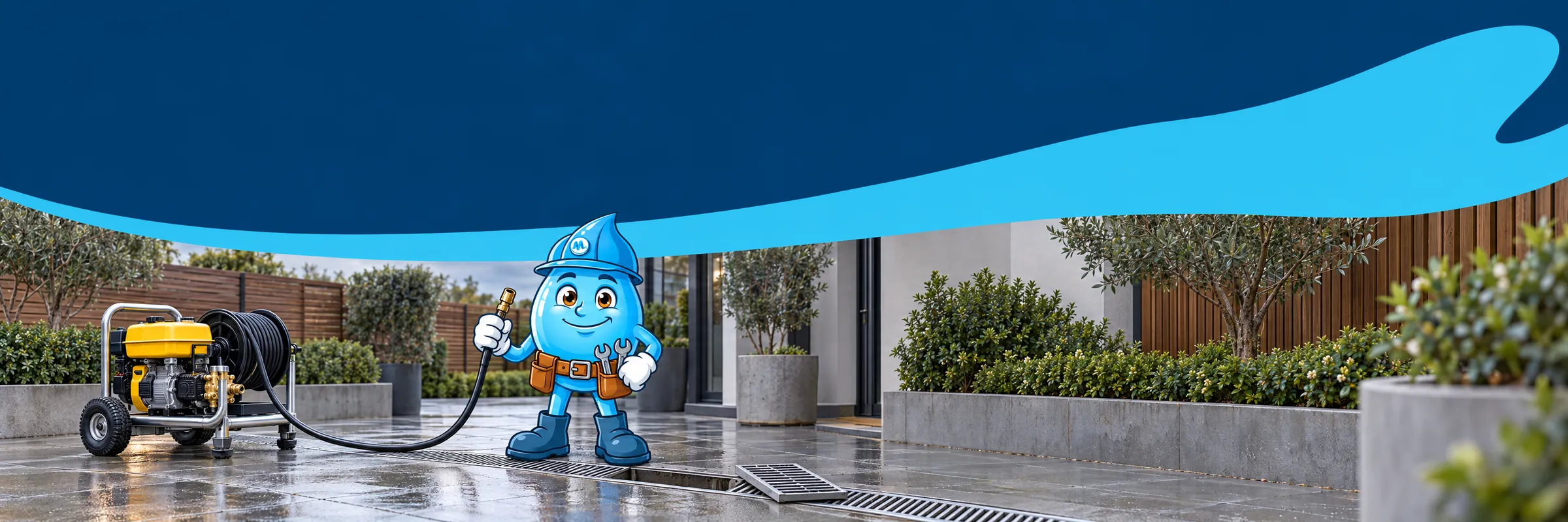 Splashy the Mr Splash mascot holding up a jetter nozzle beside a drain jetting machine and an open courtyard drain