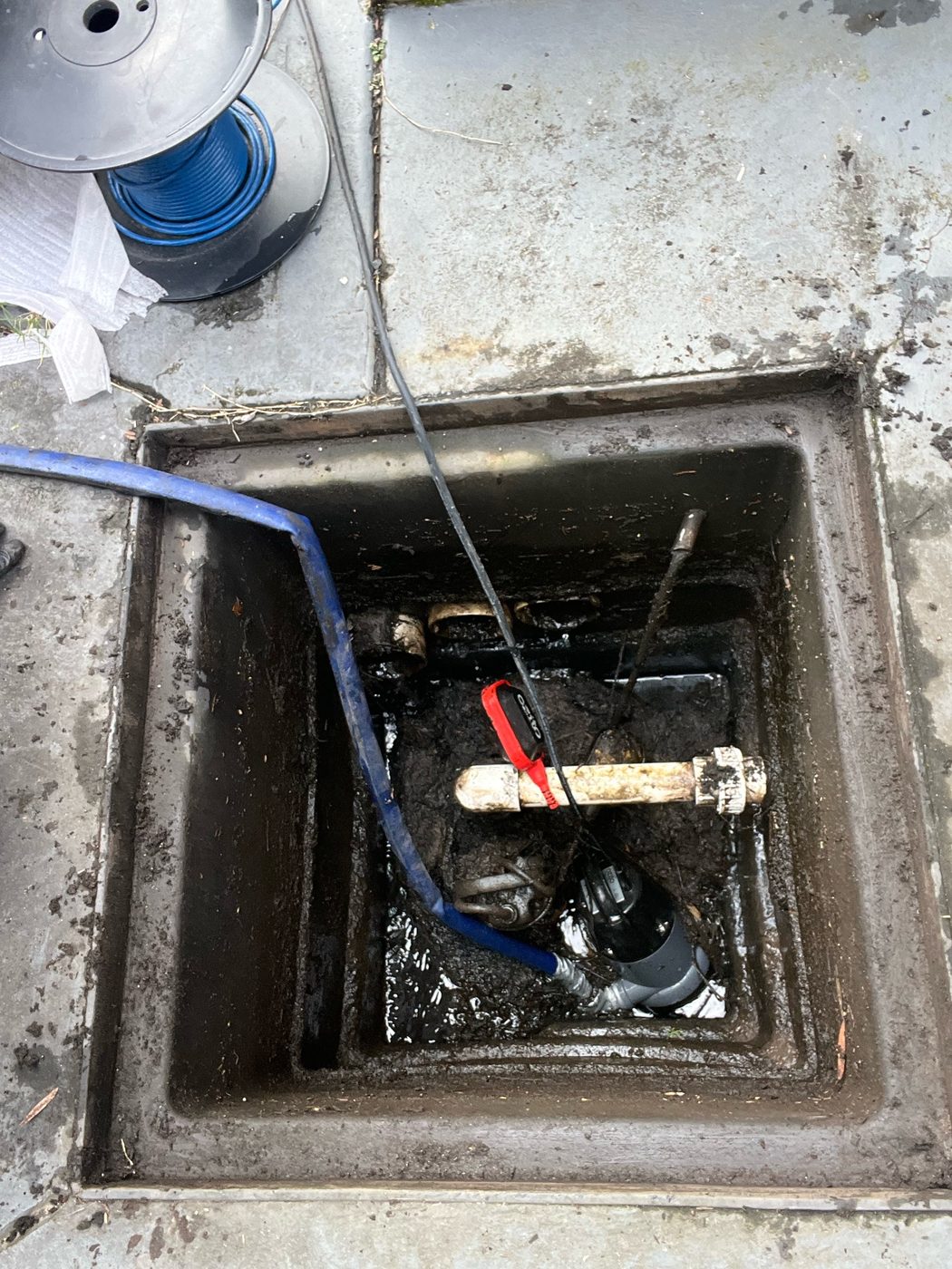 Jetter hose down the drain access pit on a Mr Splash job in Beverly Hills