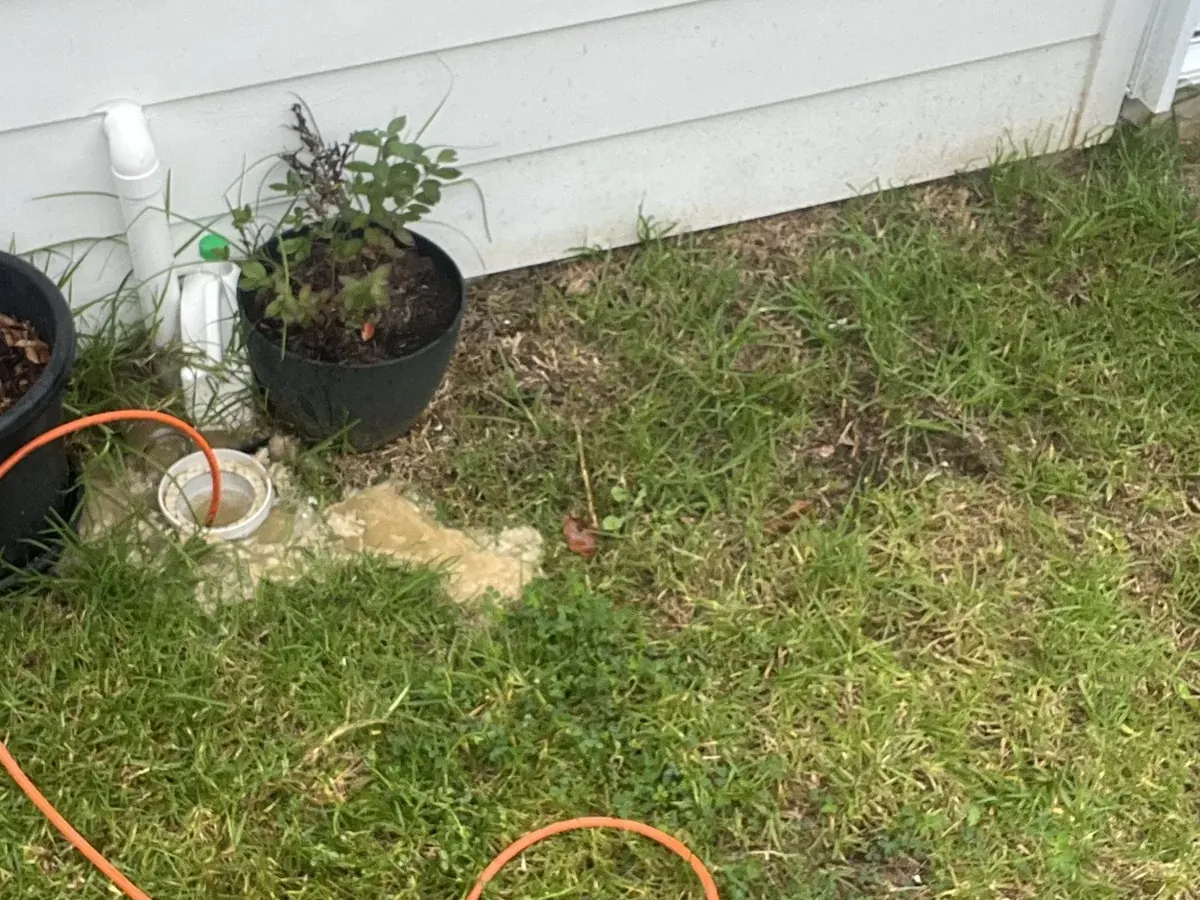 Jet blaster hose in the sewer inspection riser beside the house, with sewage overflow on the lawn in Campbelltown