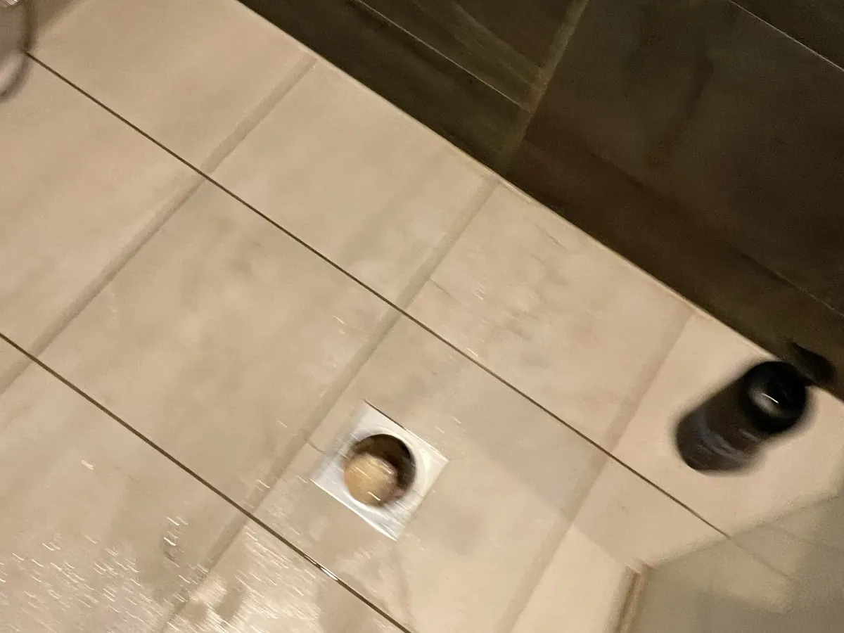 Water sitting on a shower floor with a clump of hair on the small floor waste in Asquith