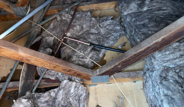 Copper water pipe and tee fitting running through the roof space insulation in Casula