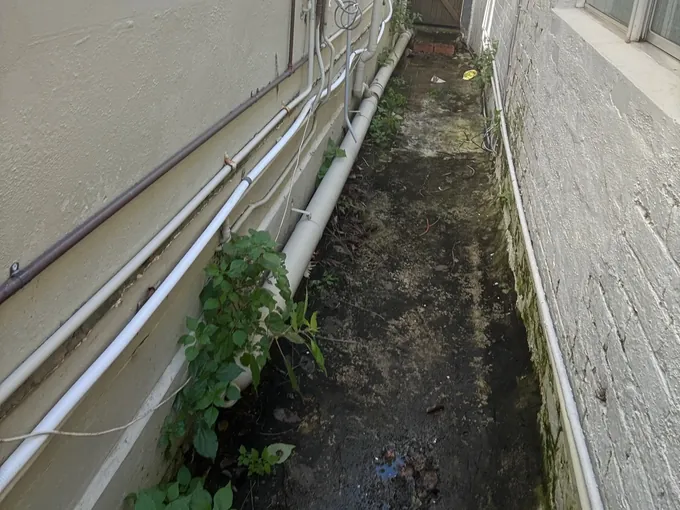 Water and waste pipes running along the wall of a wet side passage in Newtown