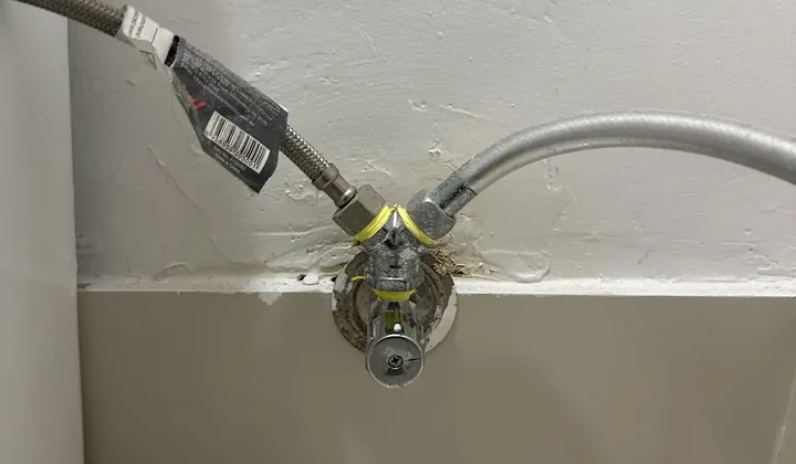 Twin outlet stop tap feeding a braided hose and a bidet hose in The Ponds