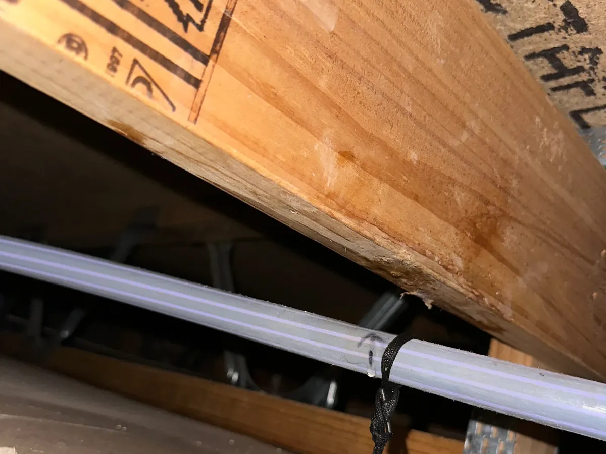 Water-stained timber and a pipe exposed through an opened ceiling in Glenwood
