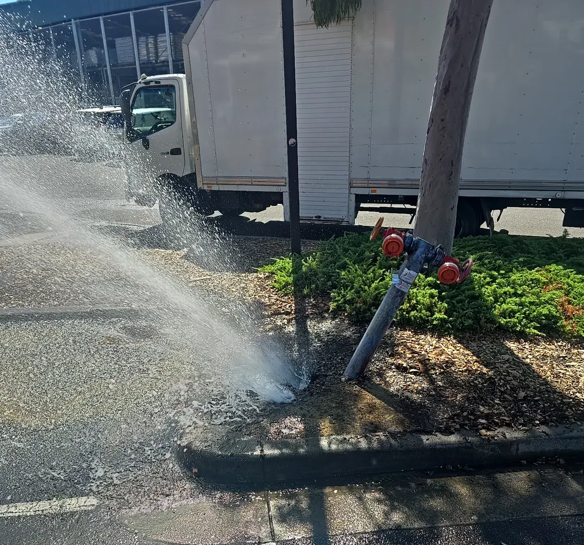 Water spraying across a business car park from the base of a burst fire hydrant pipe in Villawood