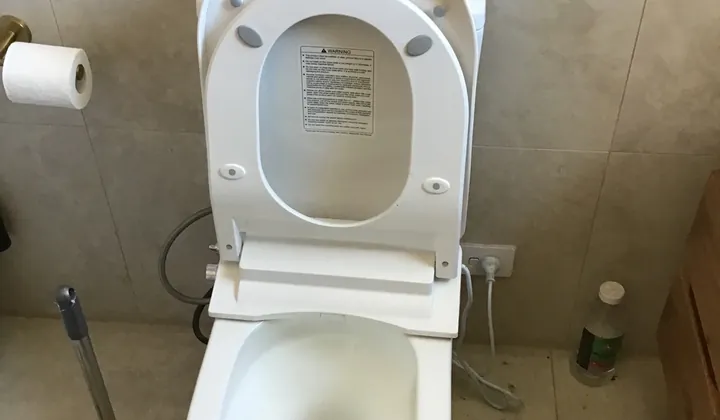 Toilet with a plunger and a coiled hand drain auger on the floor beside it in Mascot