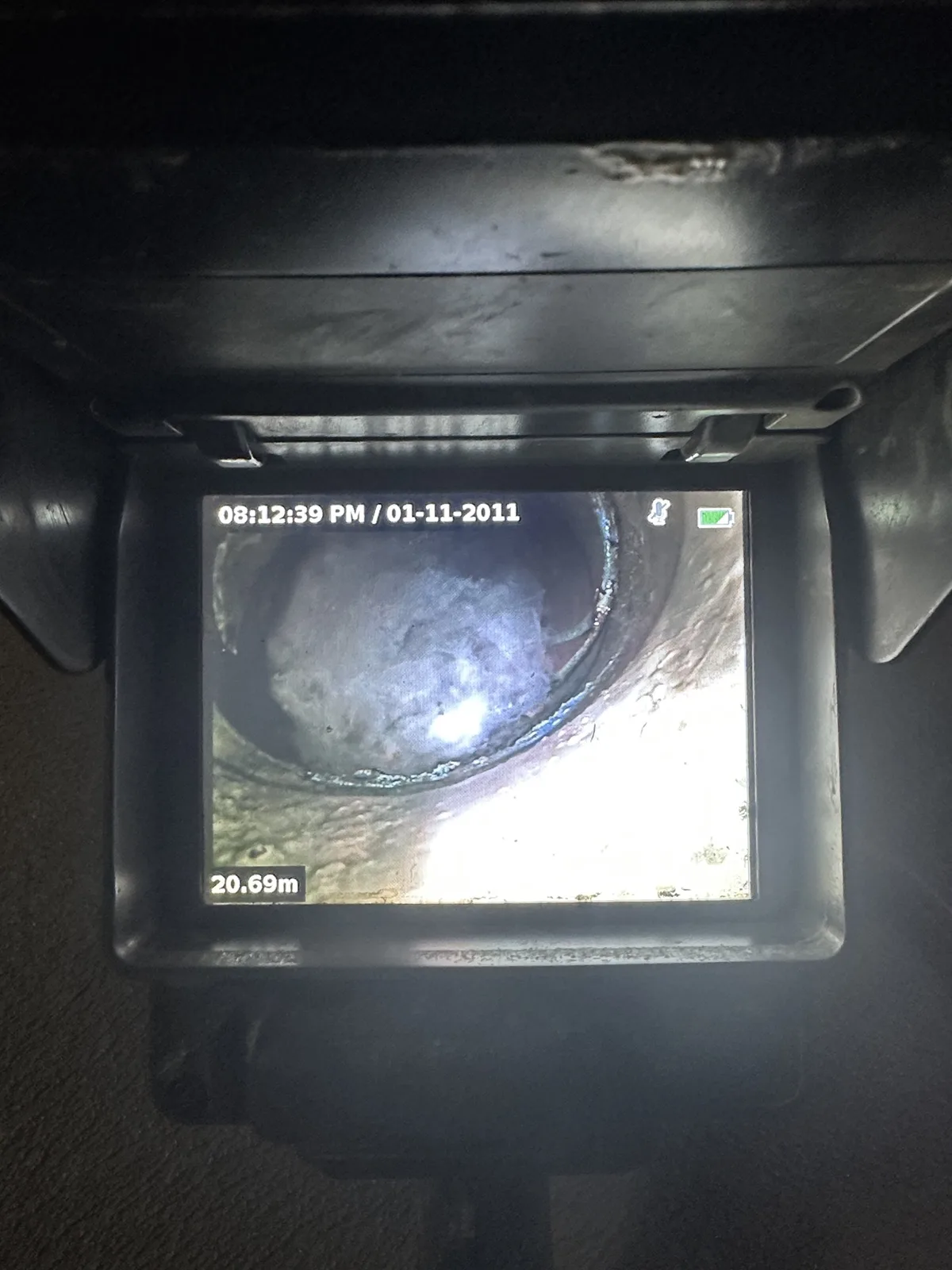 Drain camera monitor showing the sewer line after clearing on a Mr Splash emergency job in Glen Alpine